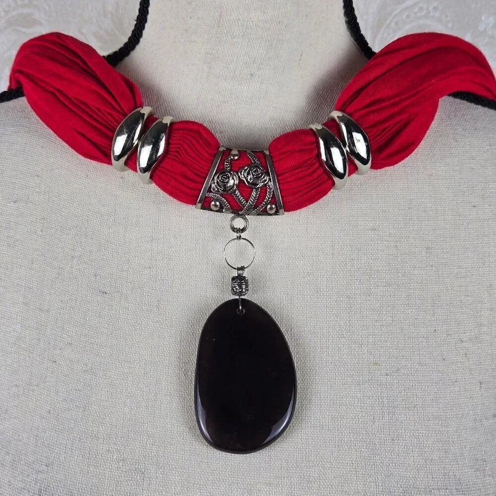 Red Infiniti Style Versatile Scarf Silver & Black Toned Jewelry Embellishments